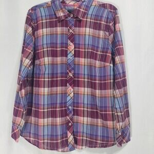 Talbots Womens Petite PL Metallic Plaid Shirt Blouse Button Up Long Cuff Sleeves